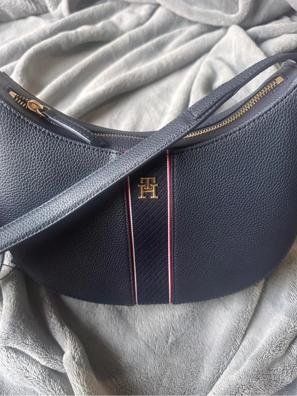 Tommy Hilfiger Navy Pebbled Leather Crescent Crossbody with Red & White Trim